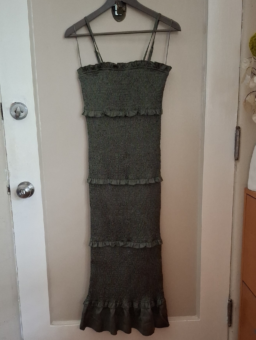 MARBLE Olive Green Smocked Tiered Maxi Dress with Ruffle Hem_1